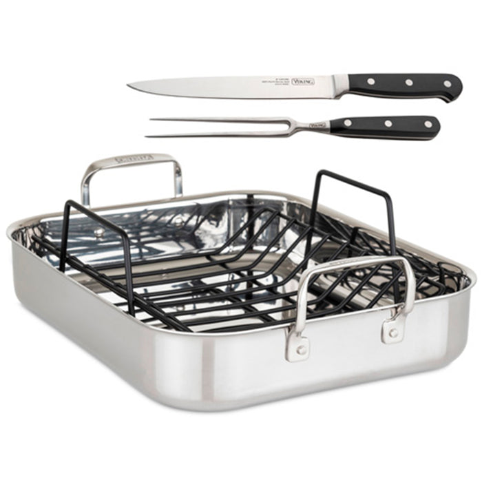 Viking 3-Ply Stainless Steel Roasting Pan with Rack and Bonus Carving Set, 16 x 13 x 3-Inches