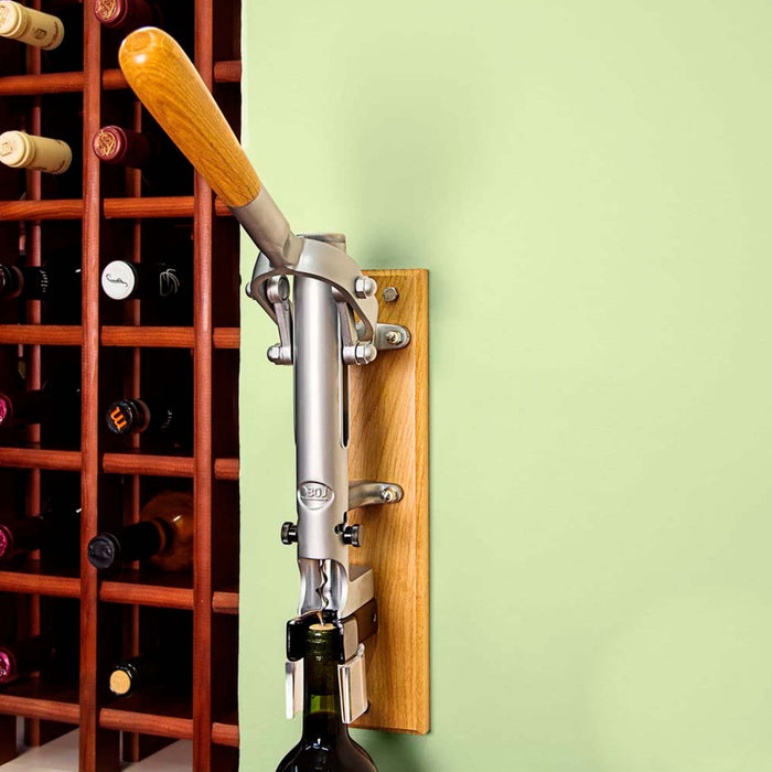 BOJ Professional Wall Mounted Corkscrew with Wood Backing, Chrome-Matted