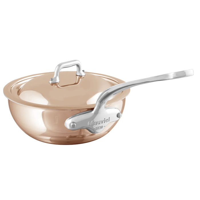 Mauviel M'6S Copper Curved Splayed Saute Pan With Stainless Steel Handle & Copper Lid, 2-Quart