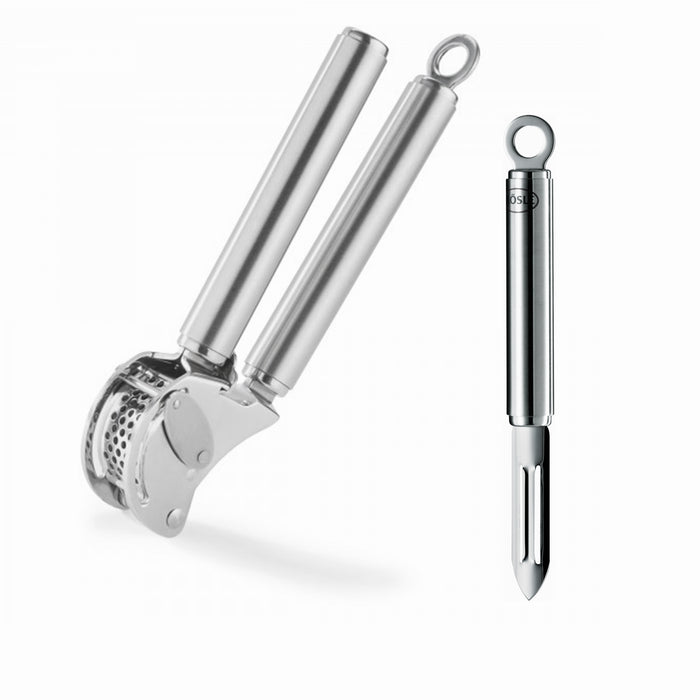 Rosle Stainless Steel 2-Piece Garlic Press with Scraper and Peeler Set