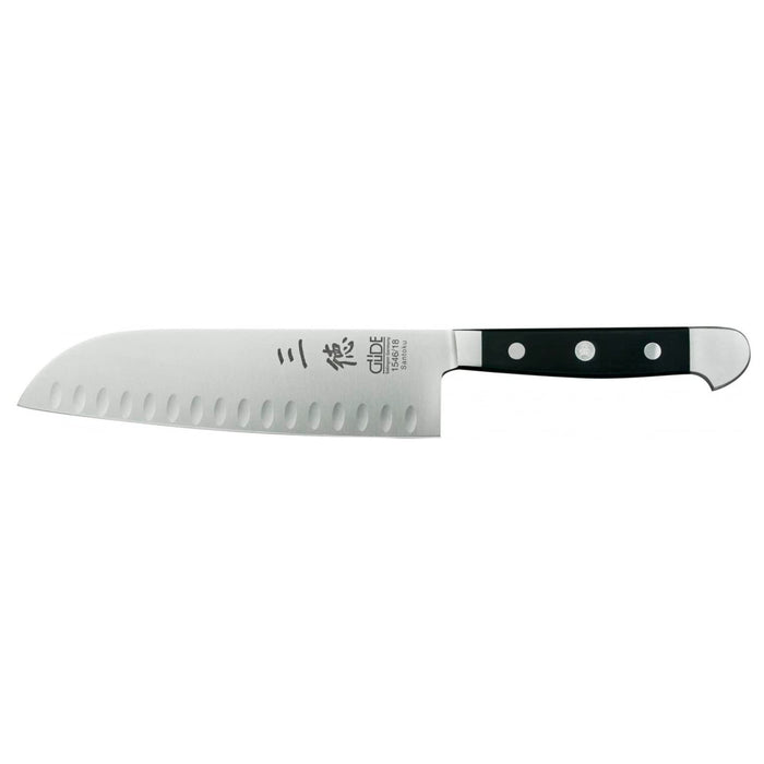 Gude Alpha Series Hand Forged Ice Hardened Stainless Steel Hostaform Handle Granton Santoku Knife, 7-Inches