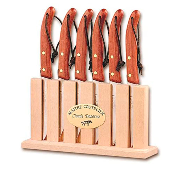Claude Dozorme Stainless Steel 6-Piece Steak Knife Set with Exotic Wood Handle in a Wooden Rack