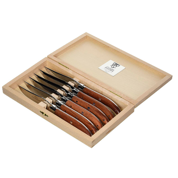 Claude Dozorme Laguiole Shiny Stainless Steel 6-Piece Steak Knife Set with Bee Exotic Wood Handle