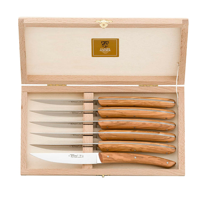 Claude Dozorme Stainless Steel Le Thiers Classic 6-Piece Steak Knife Set with Olive Wood Handle