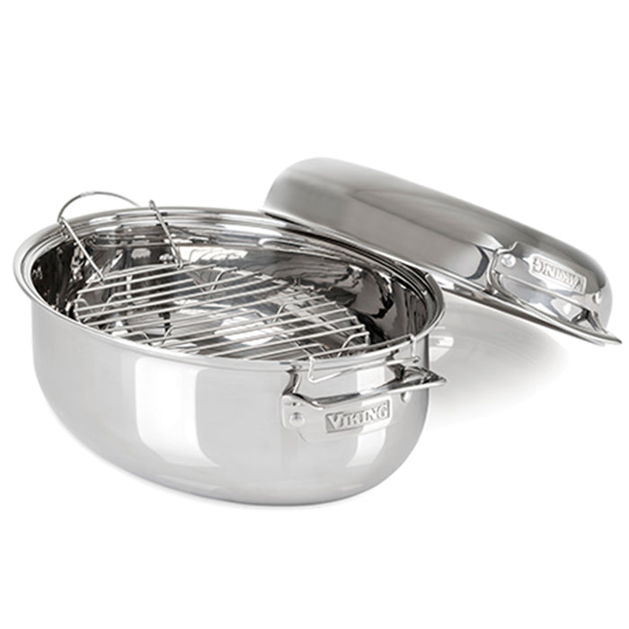 Viking 3-Ply Stainless Steel Oval Roaster with Metal Induction Lid and Rack, 8.5-Quart