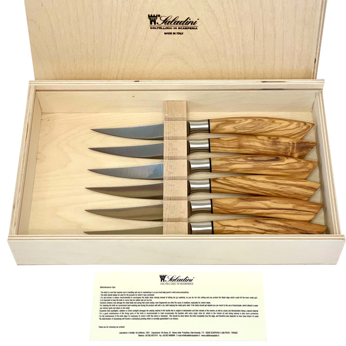 Coltelleria Saladini Stainless Steel 6-Piece Steak Knife with Olive Wood Handle Set, 4-Inches