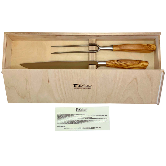 Coltelleria Saladini Stainless Steel 2-Piece Carving Knife and Carving Fork with Olive Wood Handle Set