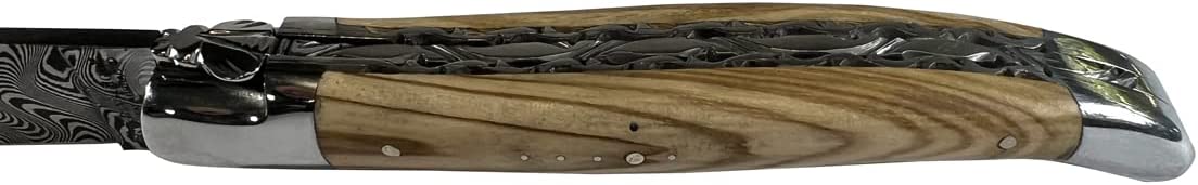 Laguiole en Aubrac Damascus Steel Knife with Olive Wood Handle, 4.75-Inch