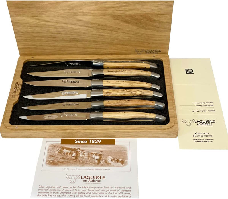 Laguiole en Aubrac Stainless Steel 6-Piece Steak Knife Set with Olive Wood Handle