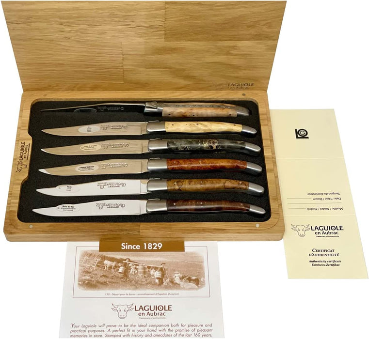 Laguiole en Aubrac Stainless Steel 6-Piece Brushed Steak Knife Set with Mixed Burls Wood Handles