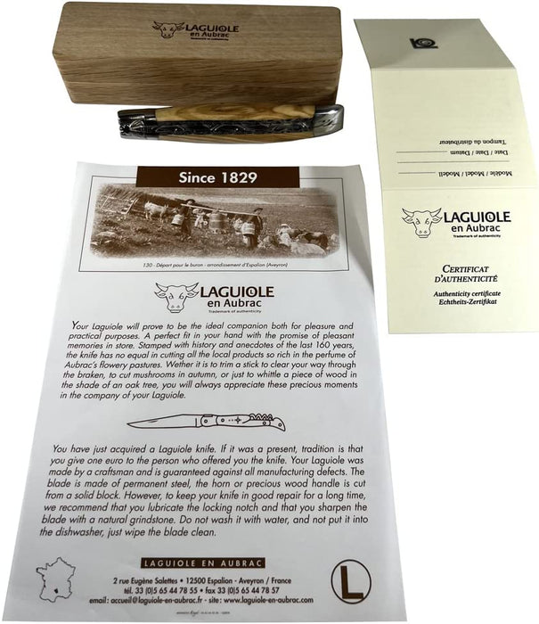 Laguiole en Aubrac Damascus Steel Knife with Olive Wood Handle, 4.75-Inch