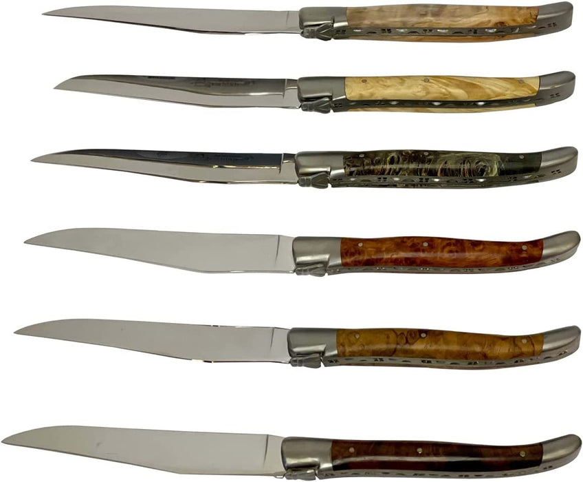 Laguiole en Aubrac Stainless Steel 6-Piece Brushed Steak Knife Set with Mixed Burls Wood Handles