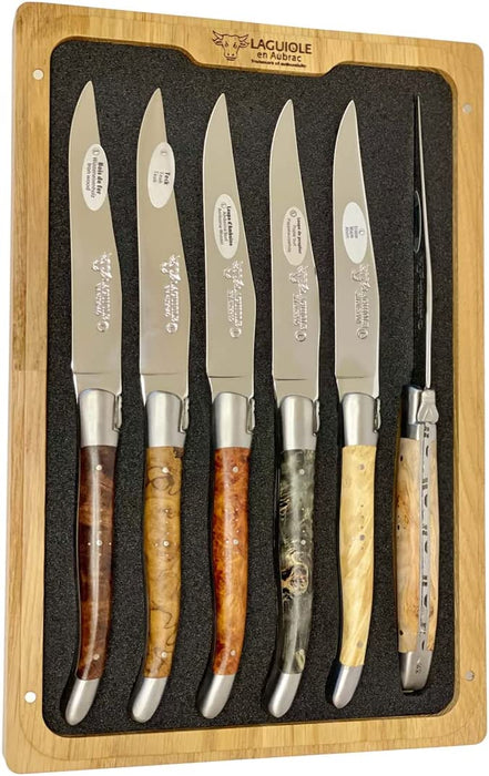 Laguiole en Aubrac Stainless Steel 6-Piece Brushed Steak Knife Set with Mixed Burls Wood Handles