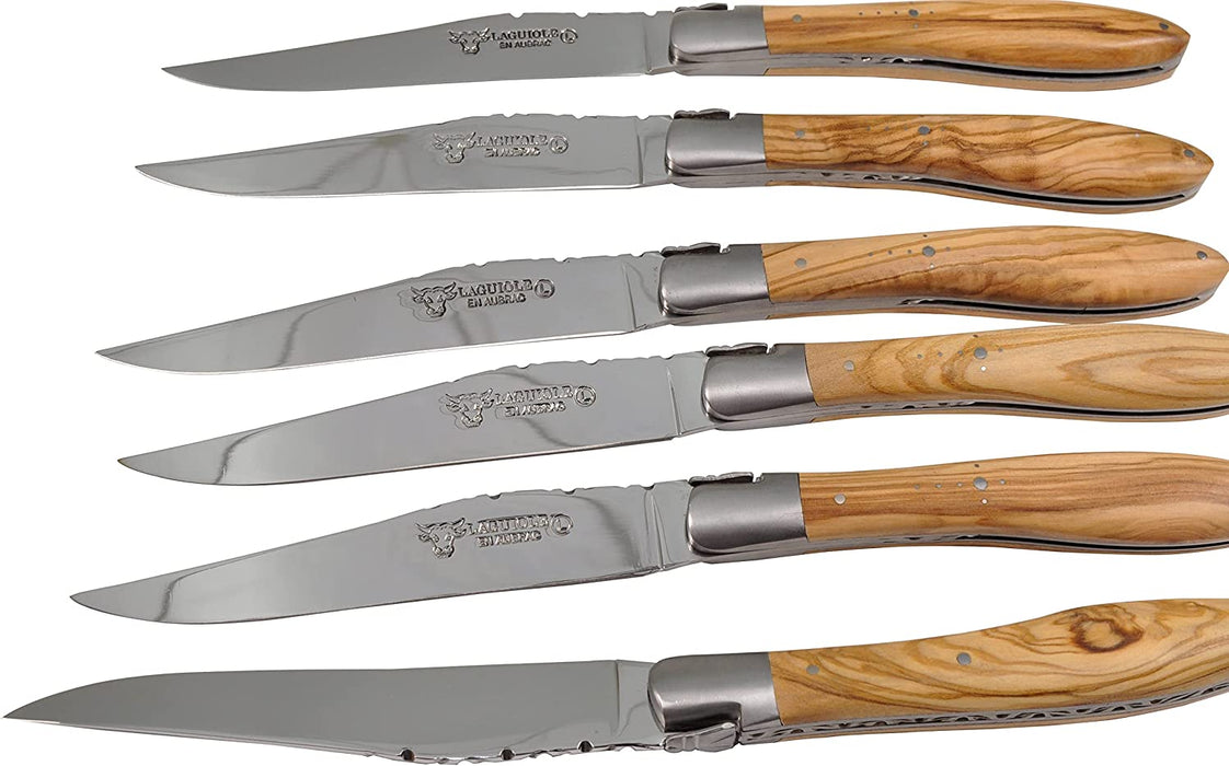 Laguiole en Aubrac Stainless Steel 6-Piece Brushed Steak Knife Set with Olivewood Handles