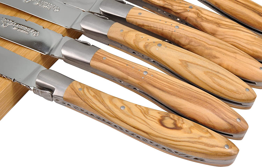 Laguiole en Aubrac Stainless Steel 6-Piece Brushed Steak Knife Set with Olivewood Handles