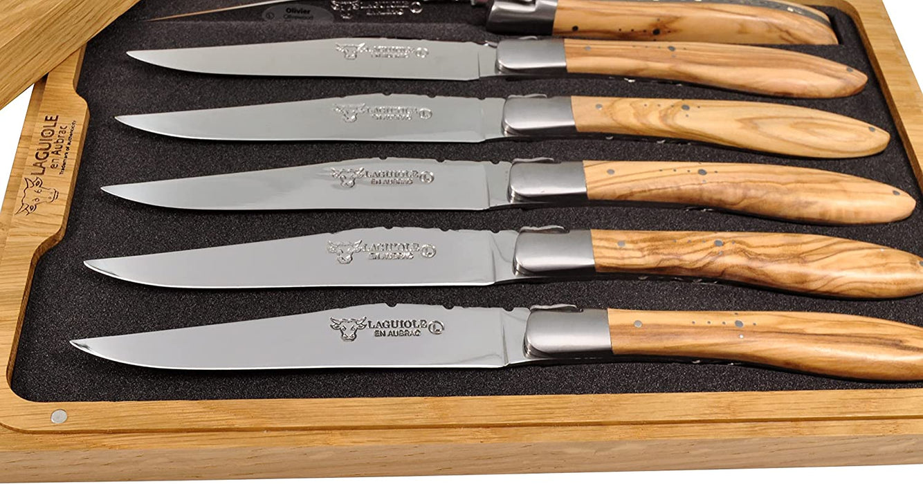 Laguiole en Aubrac Stainless Steel 6-Piece Brushed Steak Knife Set with Olivewood Handles