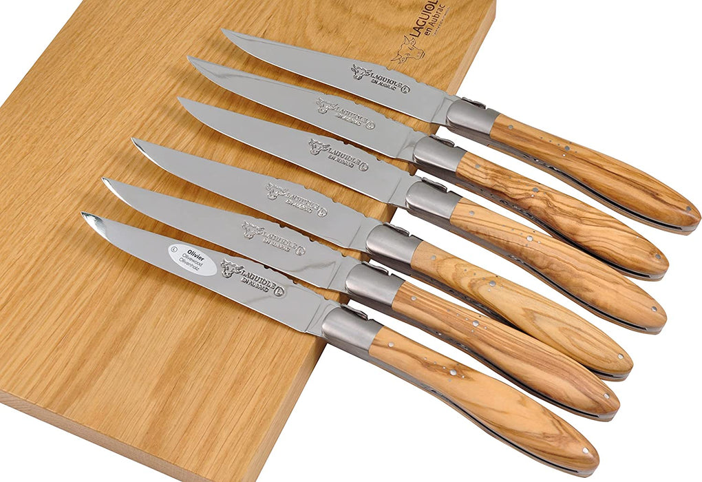 Laguiole en Aubrac Stainless Steel 6-Piece Brushed Steak Knife Set with Olivewood Handles