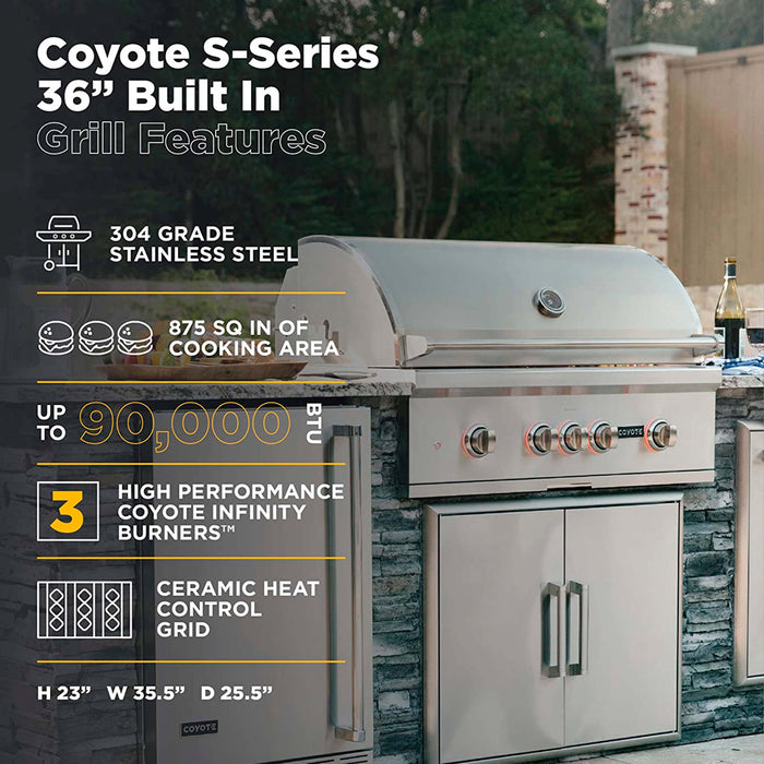 Coyote S-Series Built-In Natural Gas Grill with 3 Infinity Burners, 36-Inches