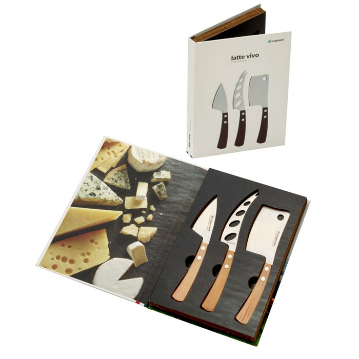 Legnoart Stainless Steel Latte Vivo 3 Piece Cheese Knife Set with Light Wood Handle in Wooden Crate