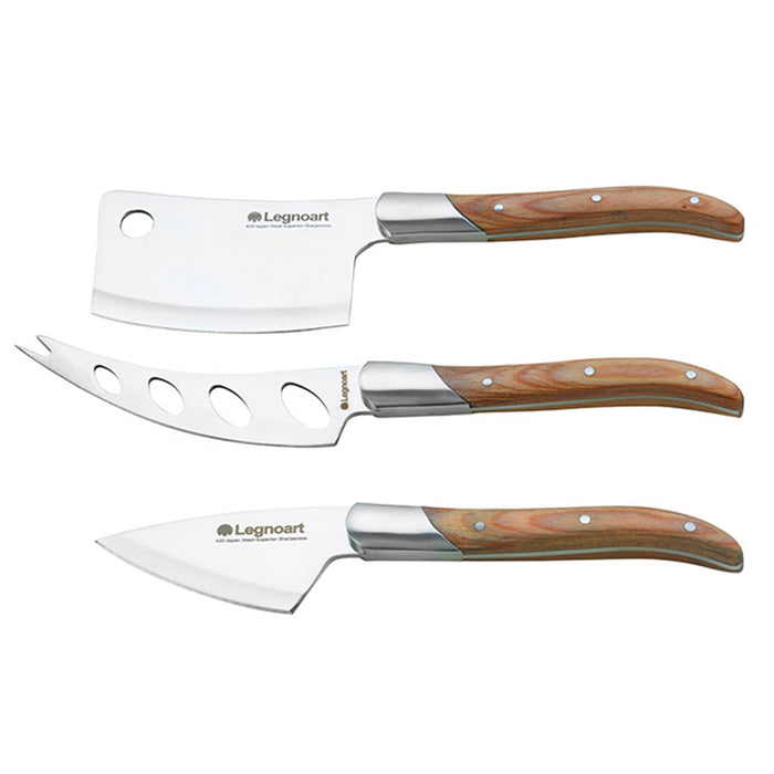 Legnoart Stainless Steel Reggio 3 Piece Cheese Knife Set with Light Wood Handle