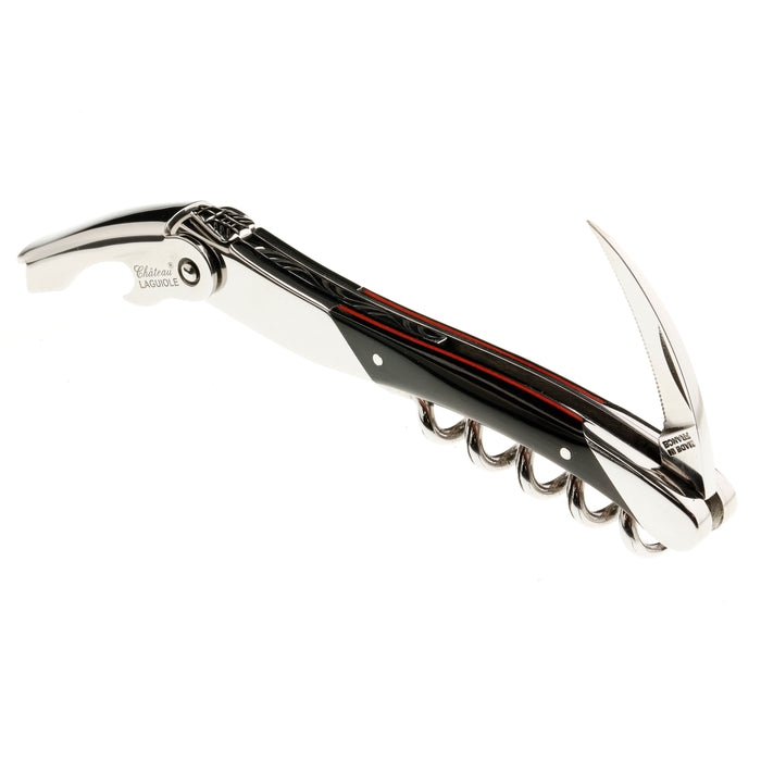 Chateau Laguiole Grand Cru Series Stainless Steel Sommelier Corkscrew with Black Horn Handle and Red Brace