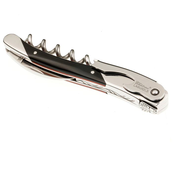 Chateau Laguiole Grand Cru Series Stainless Steel Sommelier Corkscrew with Black Horn Handle and Red Brace