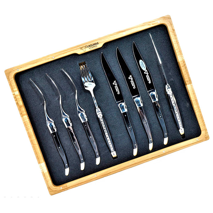Laguiole en Aubrac Stainless Steel 8-Piece Fork and Knife Set with Nigerian Water Buffalo Horn Handle