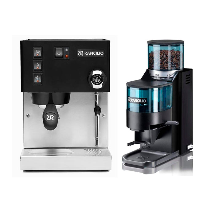 Rancilio Silvia Espresso Machine Black and Rocky SS Coffee Grinder with Doser Black Set