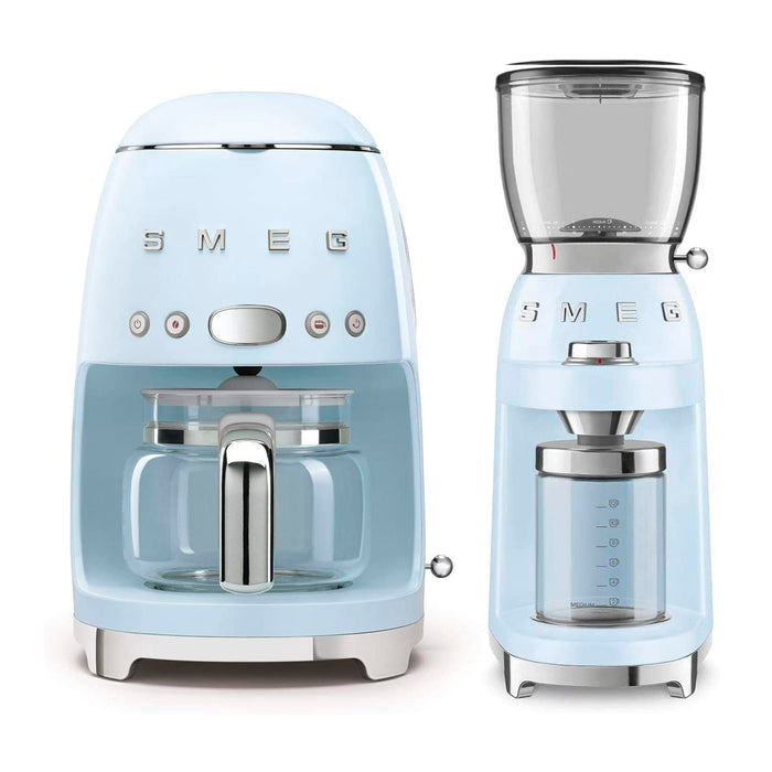 Smeg 50's Retro Style Aesthetic Pastel Blue Drip Coffee Machine With Coffee Grinder Set