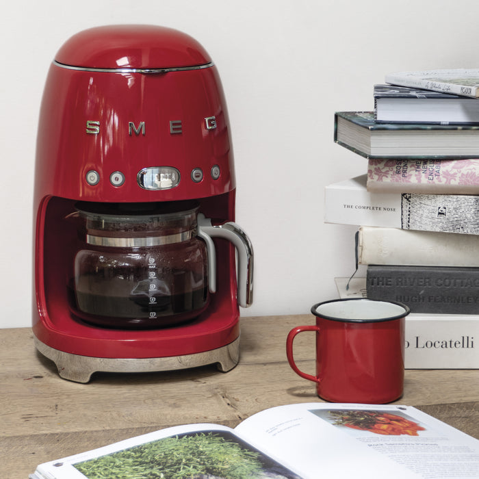 Smeg 50's Retro Style Aesthetic Red Drip Coffee Machine With Coffee Grinder Set