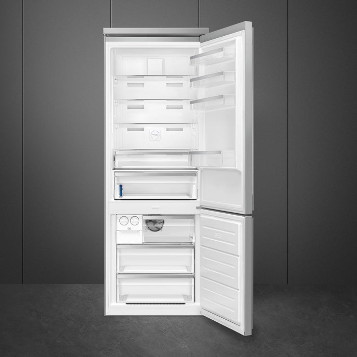 Smeg Portofino Freestanding Bottom Mount Stainless Steel Refrigerator Right Hand Hinge, 28-Inches
