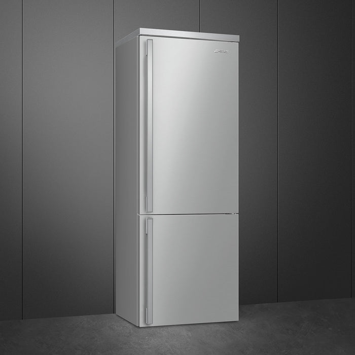 Smeg Portofino Freestanding Bottom Mount Stainless Steel Refrigerator Right Hand Hinge, 28-Inches