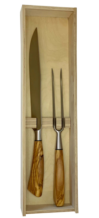Coltelleria Saladini Stainless Steel 2-Piece Carving Knife and Carving Fork with Olive Wood Handle Set