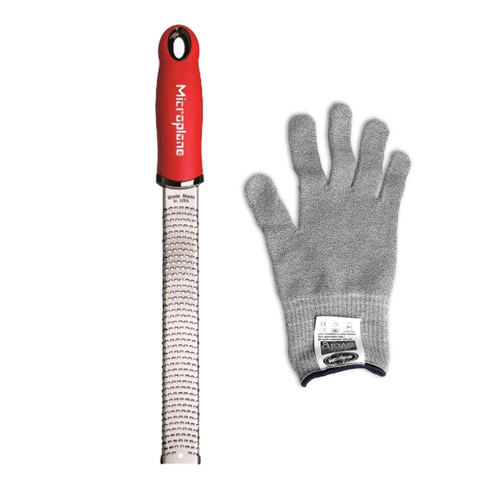 Microplane Premium Classic Series Zester Cheese Grater Red and Resistant Glove Set