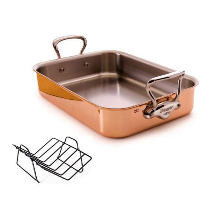 Mauviel M'150S Copper Roasting Pan With Stainless Steel Handles & Rack, 13.7 x 9.8-Inches