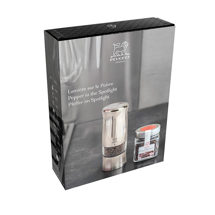 Peugeot Zeli Electric Pepper Mill and Tan Hoi Pepper Jar Gift Set