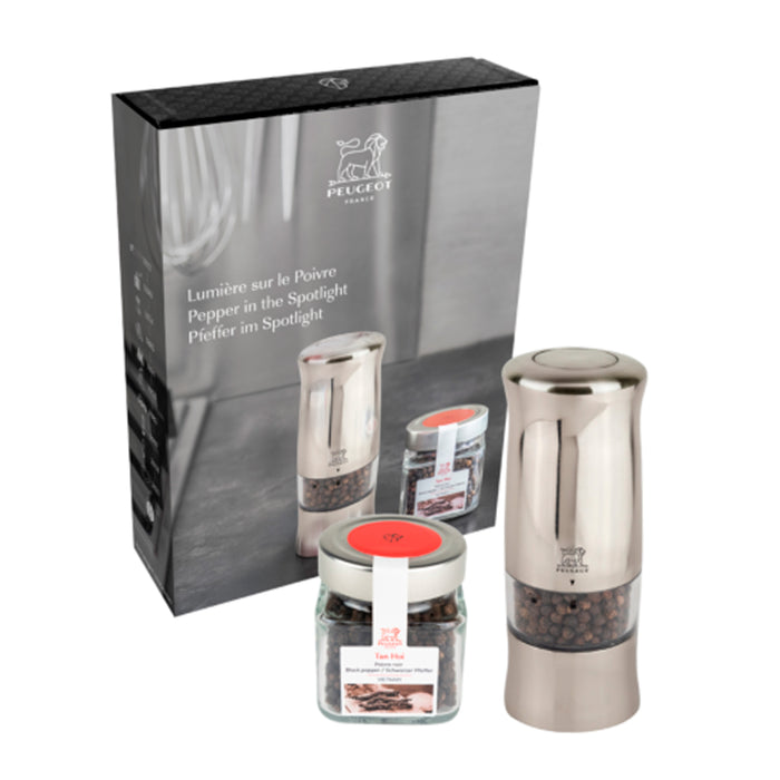 Peugeot Zeli Electric Pepper Mill and Tan Hoi Pepper Jar Gift Set