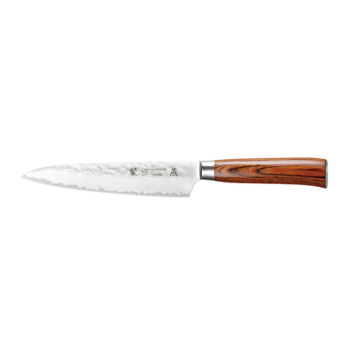 Tamahagane San Tsubame 3-ply Special Steel Petty Utility Knife with Brown Pakkawood Handle, 6-Inches