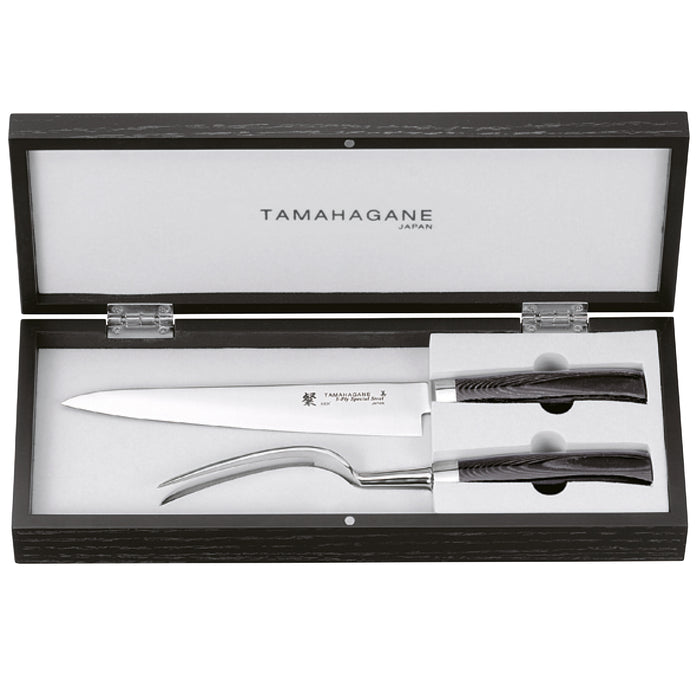 Tamahagane San 3-ply Special Steel 2-Piece Knife Set with Black Mikarta Handle in Wooden Case