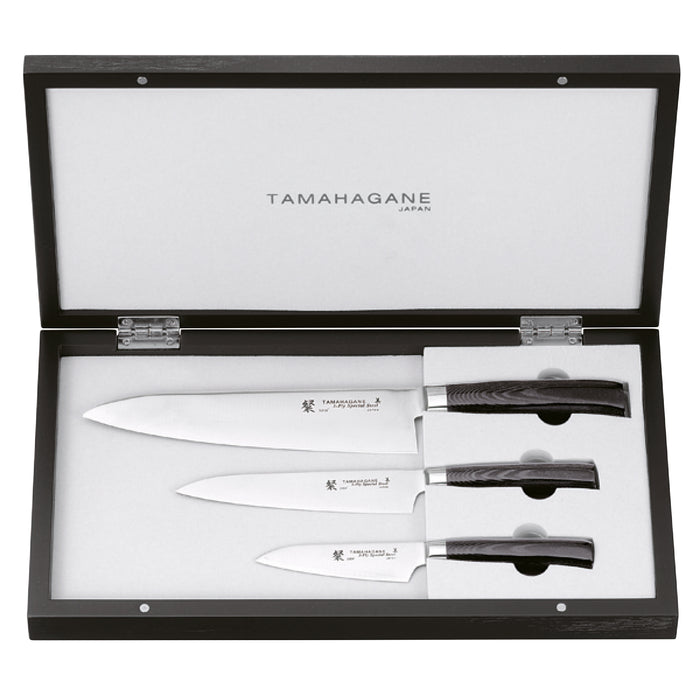 Tamahagane San 3-ply Special Steel 3-Piece Knife Set with Black Mikarta Handle in Wooden Case