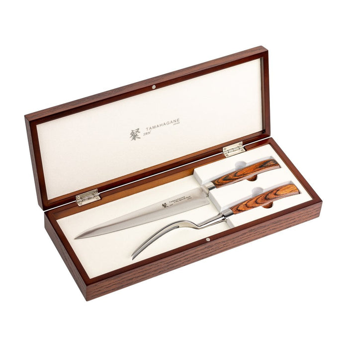 Tamahagane San 3-ply Special Steel 2-Piece Carving Set with Brown Pakkawood Handle in Wooden Case