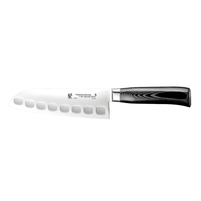 Tamahagane San 3-ply Special Steel Fluted Santoku Knife with Black Mikarta Handle, 7-Inches