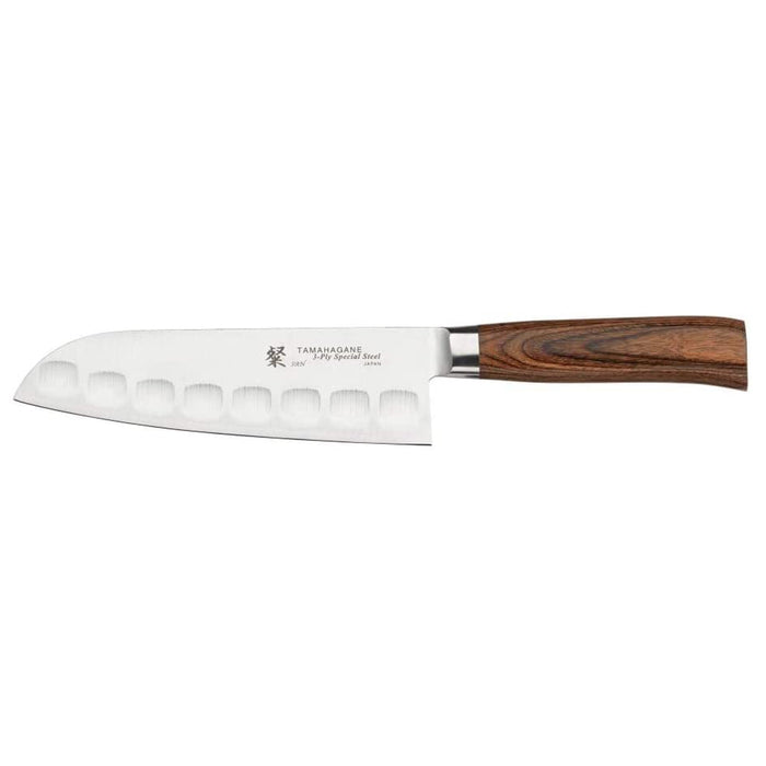 Tamahagane San 3-ply Special Steel Fluted Santoku Knife with Brown Pakkawood Handle, 4.5-Inches