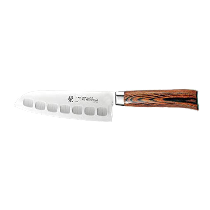 Tamahagane San 3-ply Special Steel Fluted Santoku Knife with Brown Pakkawood Handle, 6-Inches