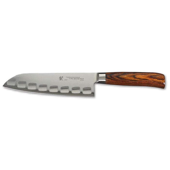 Tamahagane San 3-ply Special Steel Fluted Santoku Knife with Brown Pakkawood Handle, 7-Inches