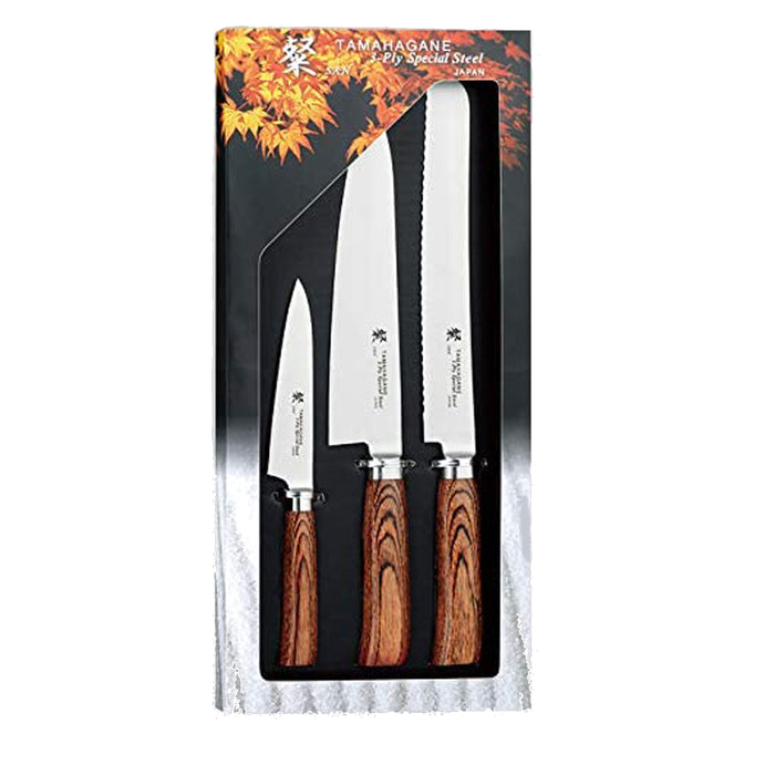 Tamahagane San 3-ply Special Steel 3-Piece Knife Set with Brown Pakkawood Handle in a Gift Box