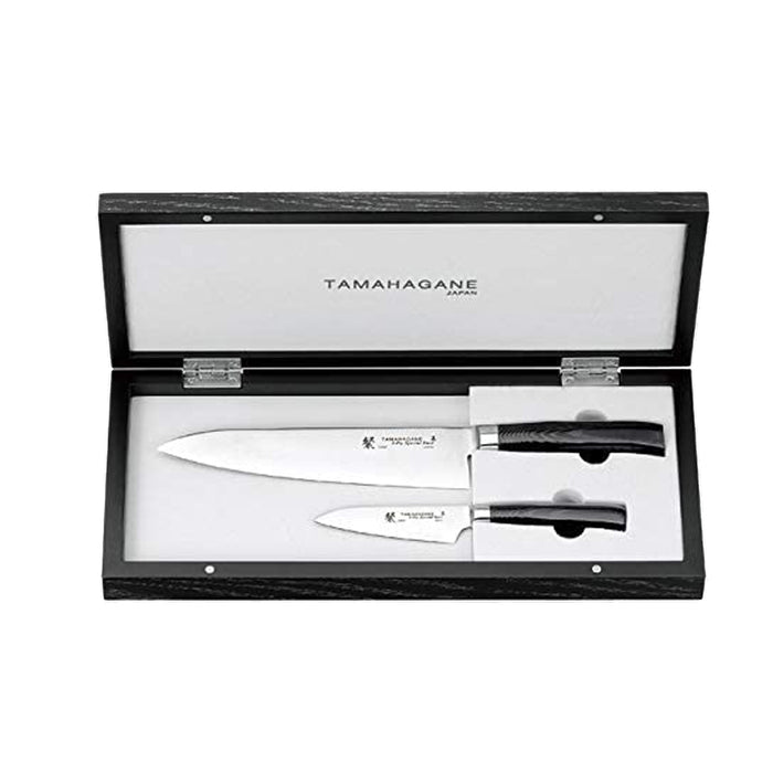 Tamahagane San 3-ply Special Steel 2-Piece Knife Set with Black Mikarta Handle in Wooden Case