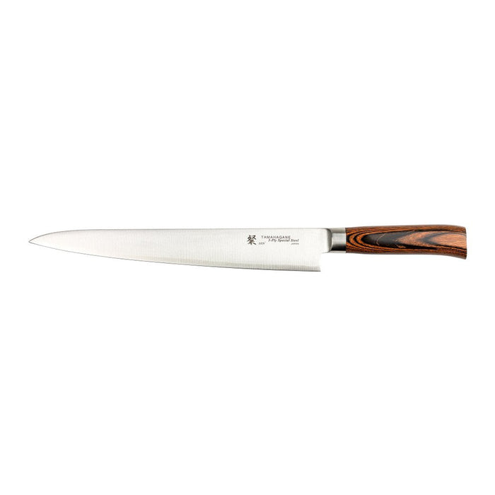 Tamahagane San 3-ply Special Steel Sujihiki Slicing Knife with Brown Pakkawood Handle, 10.5-Inches
