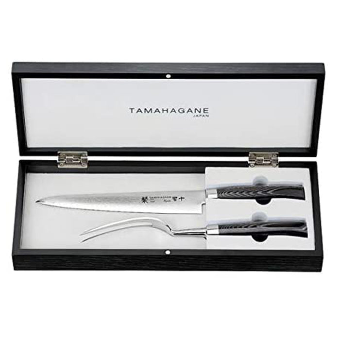 Tamahagane San Kyoto Damascus Steel 2-Piece Carving Set with Black Mikarta Handle in Wooden Case