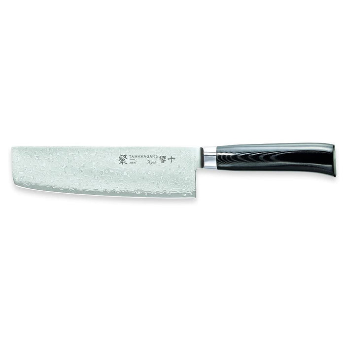 Tamahagane San Kyoto Damascus Steel Nakiri Vegetable Knife with Black Mikarta Handle, 7-Inches